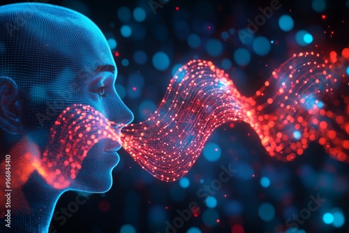 Cognitive waveform electrochemical resonance and quantum neurocircuitry silhouettes of two faces with flowing red and blue energy particles symbolizing neural communication and thought exchange photo