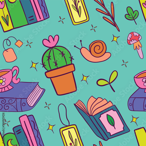Seamless pattern featuring a charming mix of bookish and nature-themed elements. 