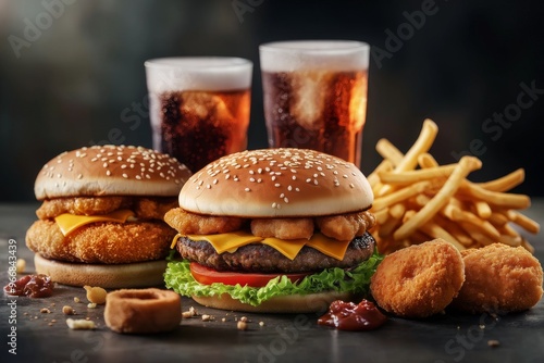 Vibrant fast food delivery menu featuring burgers, fries, nuggets, and fizzy drinks for food lovers photo