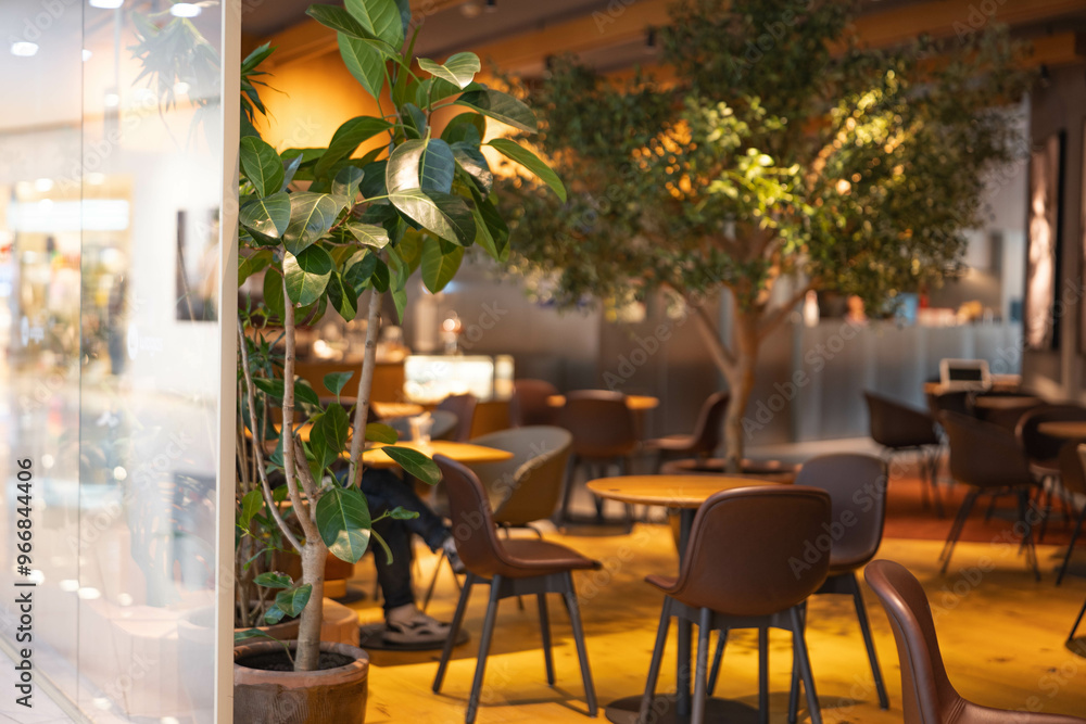 Fototapeta premium Comfortable office space, cafe decoration, coffee culture, people comfortably drinking coffee, americano and latte