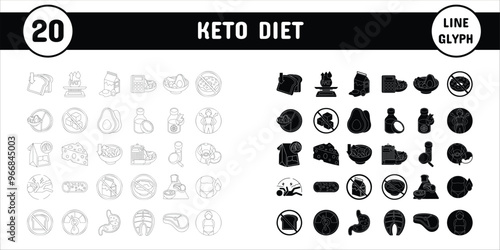 Keto Diet Line Glyph Vector Illustration Icon Sticker Set Design Materials