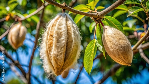 The kapok fruit dangles from the branch, its wispy fibers and numerous seeds bursting forth in a delicate