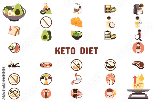 Keto Diet Flat Vector Illustration Icon Sticker Set Design Materials