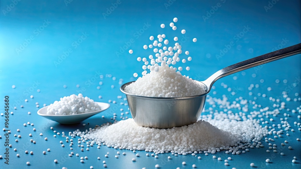 Sparkling white granules of sucrose, also known as saccharose, pour from a small spoon into a measuring cup against a clean, bright blue background. Sparkling white granules of sucrose, also known as saccharose, pour from a small spoon into a measuring cup against a clean, bright blue background.