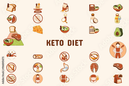 Keto Diet Lineal Color Vector Illustration Icon Sticker Set Design Materials photo