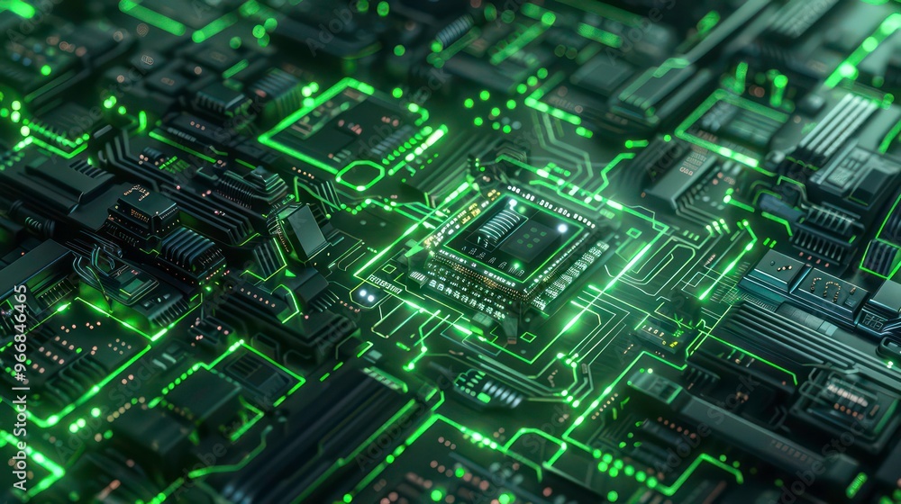 A close-up of a circuit board with a glowing green processor in the center. A close-up of a circuit board with a glowing green processor in the center.