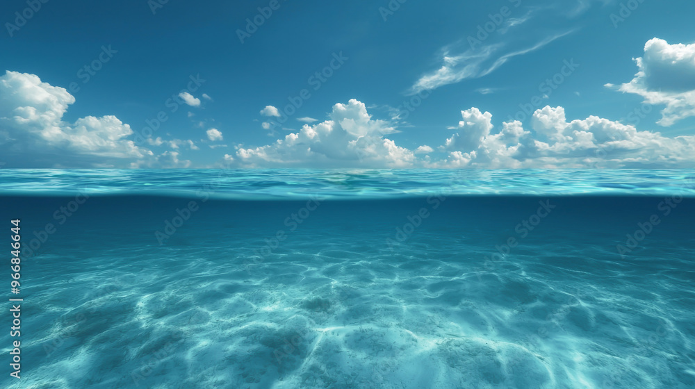 A serene tropical scene featuring a lone palm tree standing in crystal-clear waters under a bright blue sky and fluffy clouds. A serene tropical scene featuring a lone palm tree standing in crystal-clear waters under a bright blue sky and fluffy clouds.