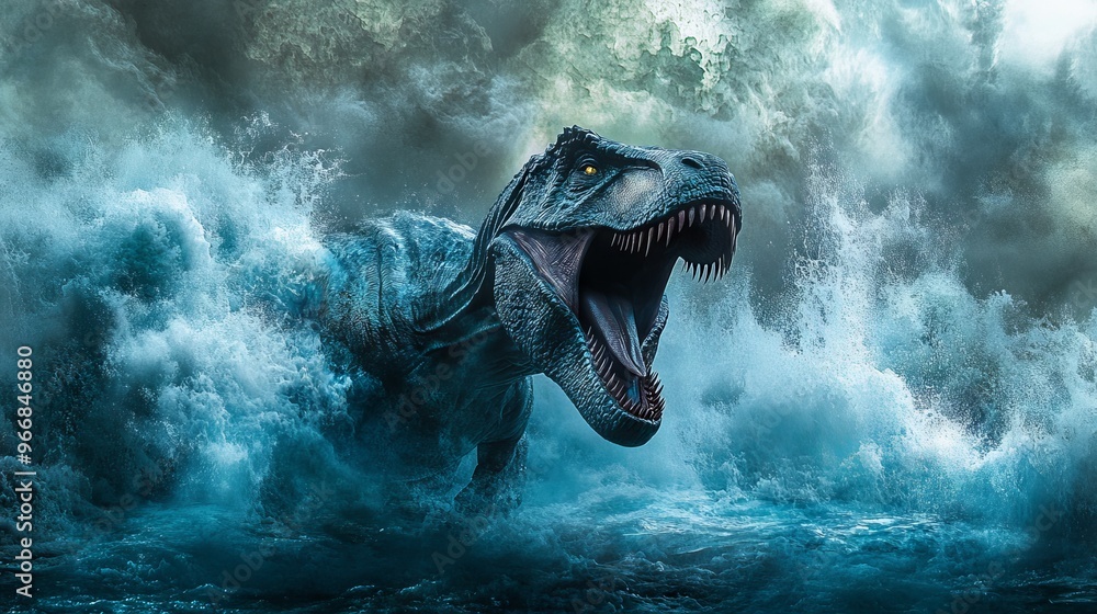 Obraz premium Tyrannosaurus Rex Roaring in a Stormy Sea