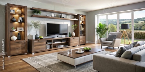 This contemporary living room boasts a cutting-edge media unit that intelligently organizes and showcases modern photo