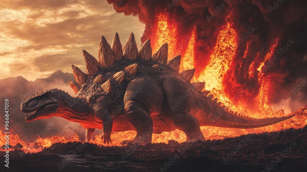 Naklejka premium Dinosaur in a Fiery Volcano Landscape