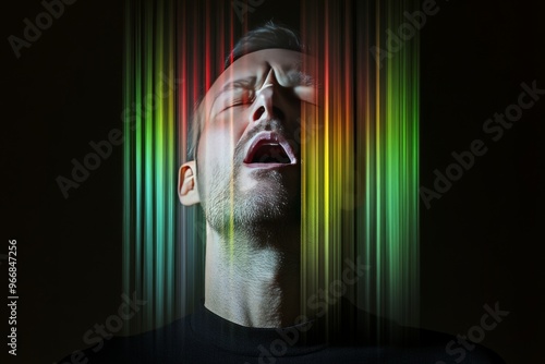 Quantum neurocircuitry thought deconstruction and thought integration man with vibrant colored vertical lines symbolizing mental overload and digital data processing photo