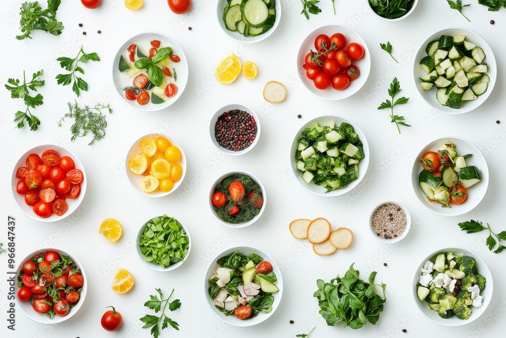 Vibrant flat lay of assorted nutritious foods on a white table for healthy living inspiration Vibrant flat lay of assorted nutritious foods on a white table for healthy living inspiration