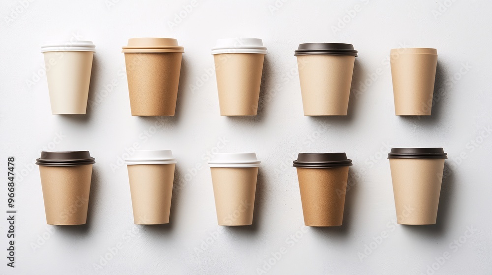 A collection of beige takeaway coffee cups arranged in a stylish mockup setting, perfect for commercial use in branding and marketing materials A collection of beige takeaway coffee cups arranged in a stylish mockup setting, perfect for commercial use in branding and marketing materials