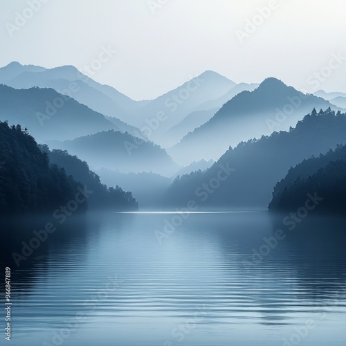 A beautiful scenery of concise hazy implicit mountains and water. The mountains are veiled in a hazy mist, creating an air of mystery. The water flows smoothly, adding a sense of tranquility. The comb