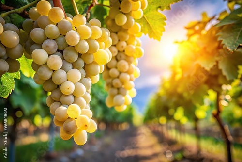 Ripe white grapes on bush against backdrop of grape farm in sunlight, extreme close-up