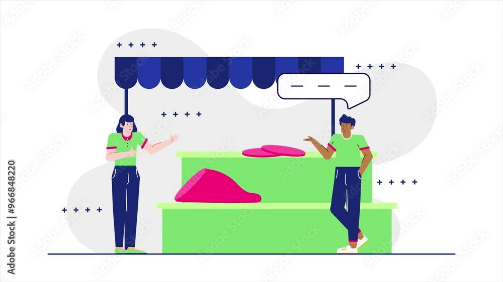Colorful illustration of two people interacting at a market stall with vibrant elements business animated video Colorful illustration of two people interacting at a market stall with vibrant elements business animated video
