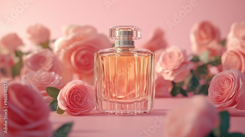 Front view of a transparent perfume bottle with a luxurious design surrounded by fresh roses on a pink background Mockups for advertising. with generative ai