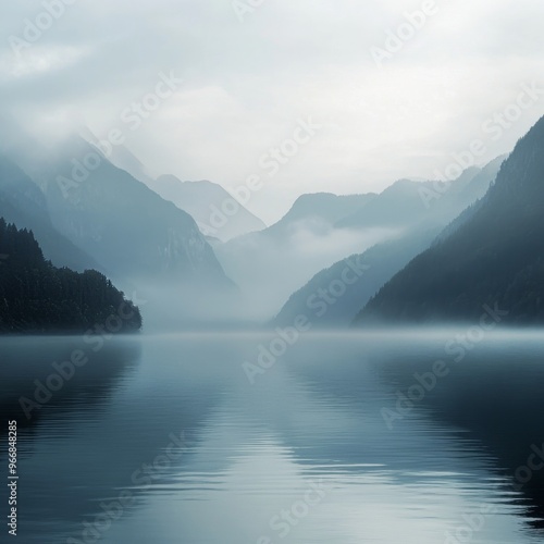 A beautiful scenery of concise hazy implicit mountains and water. The mountains are veiled in a hazy mist, creating an air of mystery. The water flows smoothly, adding a sense of tranquility. The comb