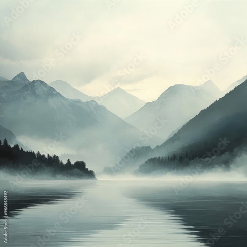 A beautiful scenery of concise hazy implicit mountains and water. The mountains are veiled in a hazy mist, creating an air of mystery. The water flows smoothly, adding a sense of tranquility. The comb