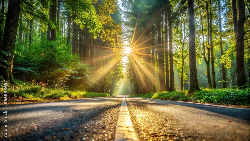Fototapeta premium Road through forest with morning sunbeams shining on tree foliage, extreme close-up