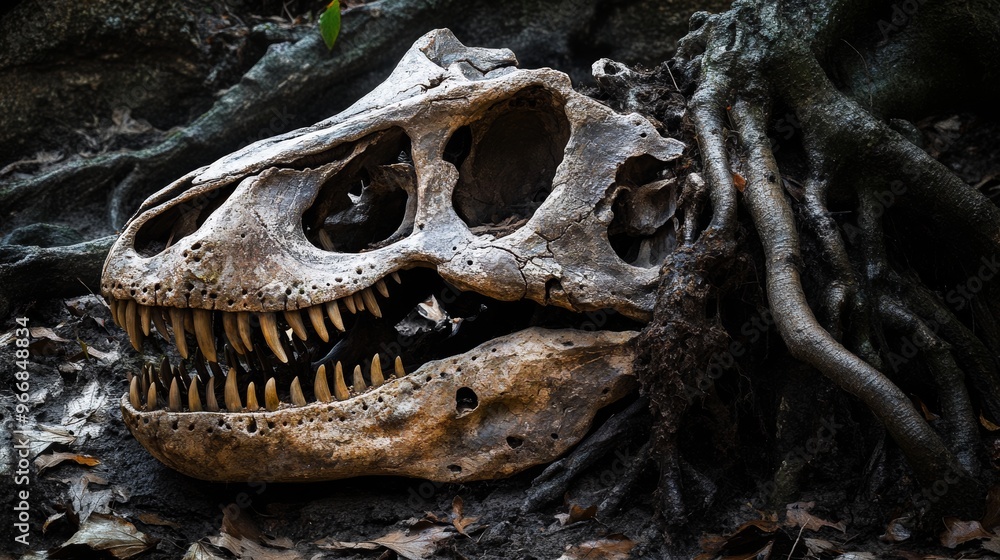 Fototapeta premium Dinosaur Skull Fossil in Forest: A Glimpse into the Past