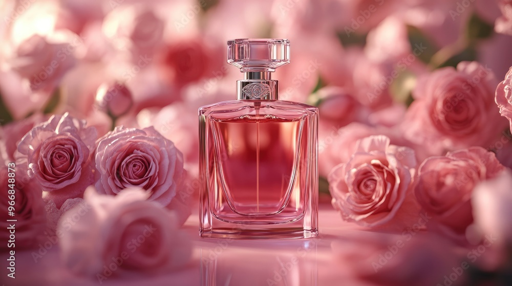 Front view of a transparent perfume bottle with a luxurious design surrounded by fresh roses on a pink background Mockups for advertising. with generative ai Front view of a transparent perfume bottle with a luxurious design surrounded by fresh roses on a pink background Mockups for advertising. with generative ai