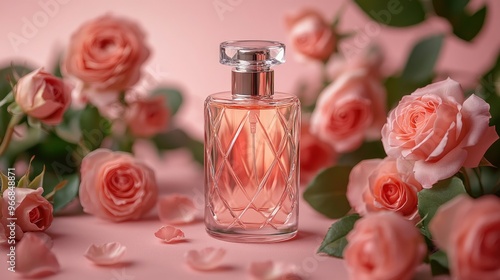 Front view of a transparent perfume bottle with a luxurious design surrounded by fresh roses on a pink background Mockups for advertising. with generative ai
