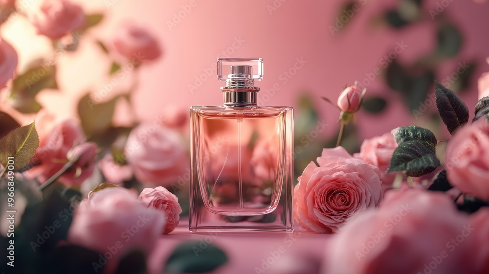 Front view of a transparent perfume bottle with a luxurious design surrounded by fresh roses on a pink background Mockups for advertising. with generative ai Front view of a transparent perfume bottle with a luxurious design surrounded by fresh roses on a pink background Mockups for advertising. with generative ai