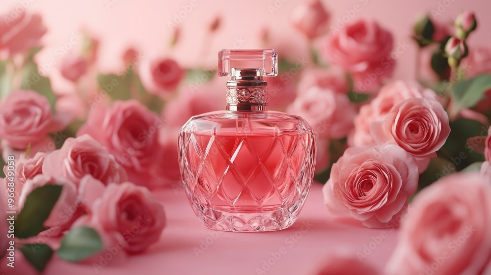 Front view of a transparent perfume bottle with a luxurious design surrounded by fresh roses on a pink background Mockups for advertising. with generative ai Front view of a transparent perfume bottle with a luxurious design surrounded by fresh roses on a pink background Mockups for advertising. with generative ai
