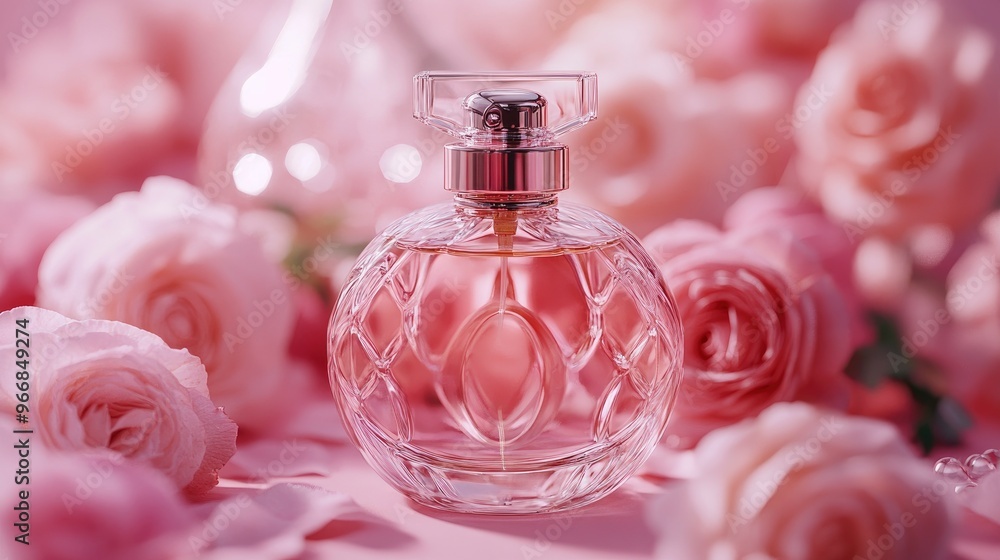 Front view of a transparent perfume bottle with a luxurious design surrounded by fresh roses on a pink background Mockups for advertising. with generative ai Front view of a transparent perfume bottle with a luxurious design surrounded by fresh roses on a pink background Mockups for advertising. with generative ai
