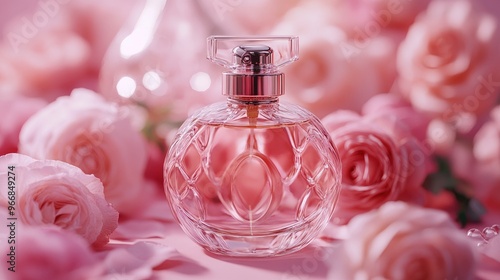 Front view of a transparent perfume bottle with a luxurious design surrounded by fresh roses on a pink background Mockups for advertising. with generative ai
