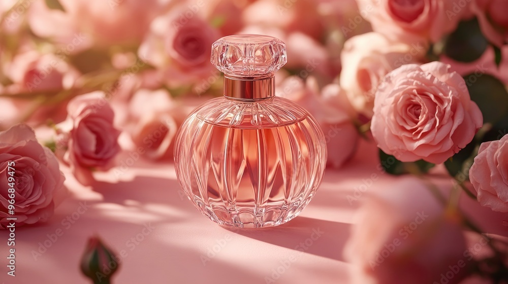 Front view of a transparent perfume bottle with a luxurious design surrounded by fresh roses on a pink background Mockups for advertising. with generative ai Front view of a transparent perfume bottle with a luxurious design surrounded by fresh roses on a pink background Mockups for advertising. with generative ai