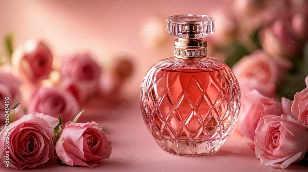 Front view of a transparent perfume bottle with a luxurious design surrounded by fresh roses on a pink background Mockups for advertising. with generative ai