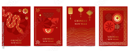 Happy Chinese New Year on red background with flower,lantern.Editable vector illustration for vertical A4 design