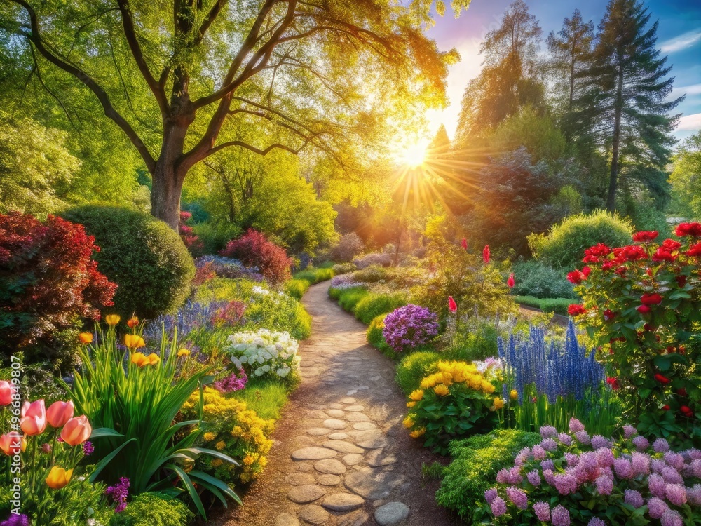 Vibrant blooming flowers, lush greenery, and delicate petals adorn a serene garden path, bathed in warm sunlight, evoking feelings of renewal and hope on a tranquil spring morning. Vibrant blooming flowers, lush greenery, and delicate petals adorn a serene garden path, bathed in warm sunlight, evoking feelings of renewal and hope on a tranquil spring morning.