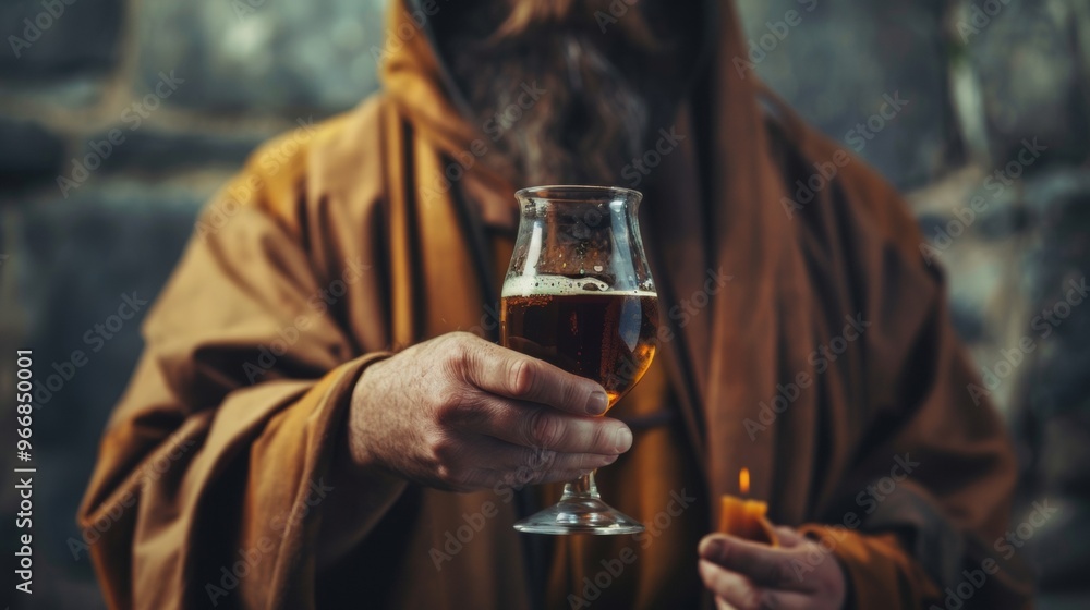 senior man with beard holding a glass of wine in a monastery
