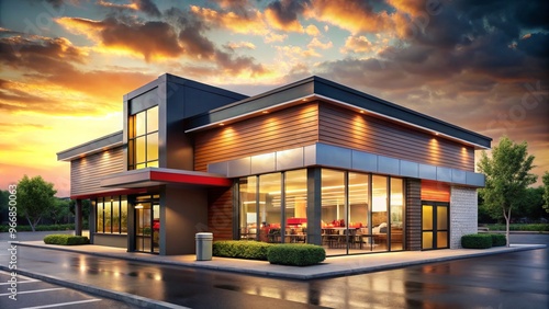 Vibrant colors splash across the exterior of the modern fast food restaurant, a sleek glass facade reflecting a