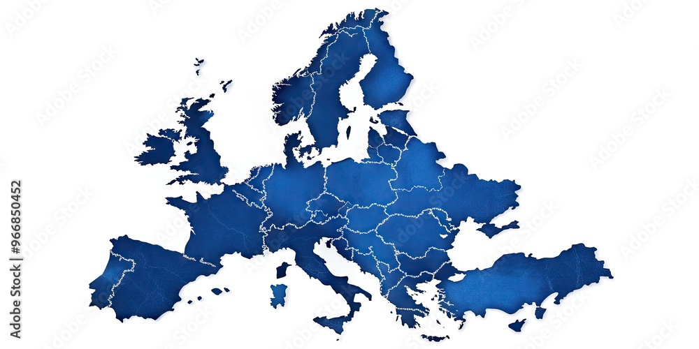 Naklejka premium Vibrant blue outline of Europe's country borders and coastlines on a white background, showcasing the continent's geographical shape anddiverse national boundaries.