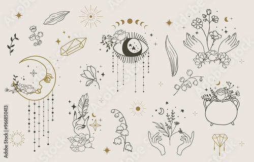 Boho Mystic style line icon with flower,rose,lily of the valley,sun,moon