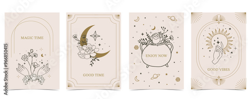 Boho invitation card with tarot style and deco frame. Mystic for a4 vertical design