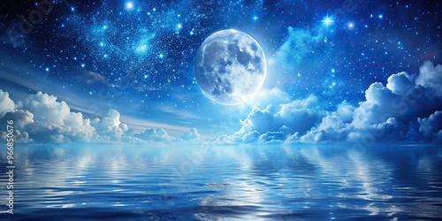 Romantic moon with clouds and starry sky over sparkling blue water, asymmetrical