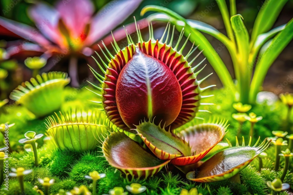 Vibrant carnivorous plant with modified leaves forming a snap trap, capturing prey, surrounded by delicate white petals and green leaves in a lush verdant environment. Vibrant carnivorous plant with modified leaves forming a snap trap, capturing prey, surrounded by delicate white petals and green leaves in a lush verdant environment.