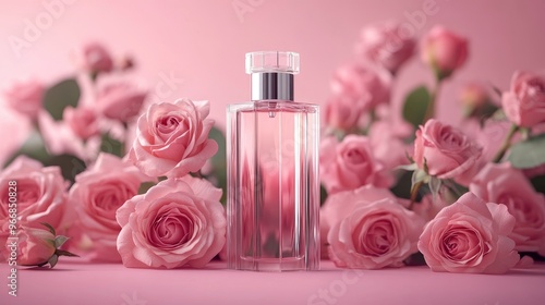 Front view of a transparent perfume bottle with a luxurious design surrounded by fresh roses on a pink background Mockups for advertising. with generative ai