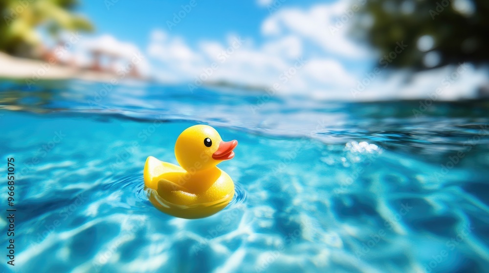 Yellow rubber duck floating in clear blue water, bright and playful summer scene Yellow rubber duck floating in clear blue water, bright and playful summer scene