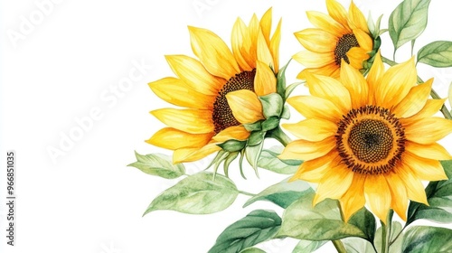 A vibrant illustration of sunflowers with green leaves, showcasing nature's beauty.