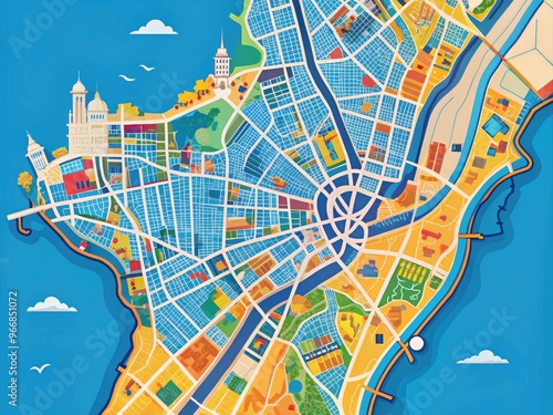 Vibrant city map of Mumbai, India, showcasing iconic landmarks, winding roads, and bustling neighborhoods, set against a bright blue background with subtle texture. photo