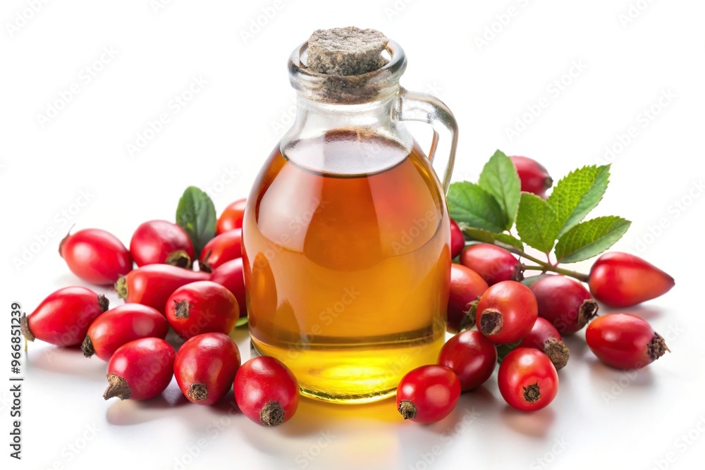 Rosehip Seed Oil isolated on white background with studio lighting Rosehip Seed Oil isolated on white background with studio lighting