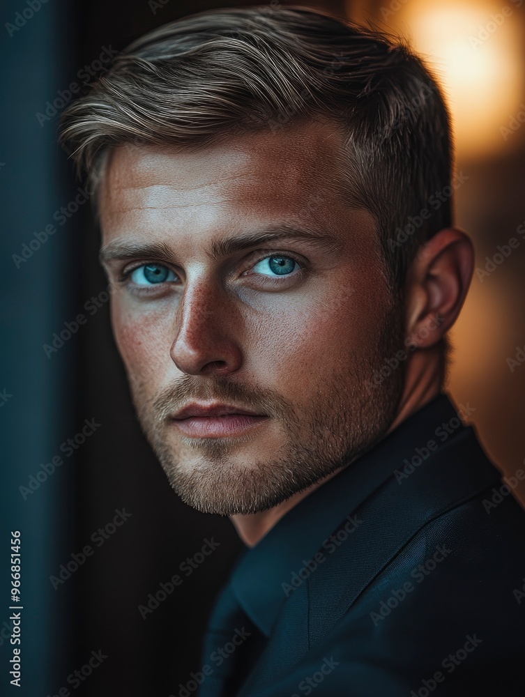 Fototapeta premium full body, a ultra real full body shot photo of 35 years old business man, blue eyes, short blonde hair. At the background a ultra close up macro details, ultra contrast, with generative ai