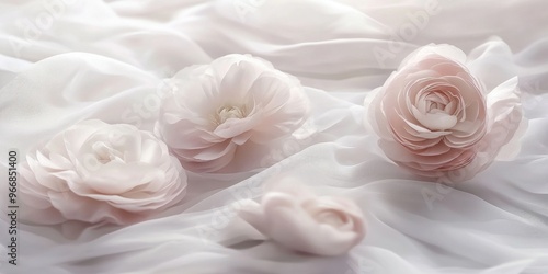 Soft pink flowers on a delicate fabric background, evoking elegance and tranquility.