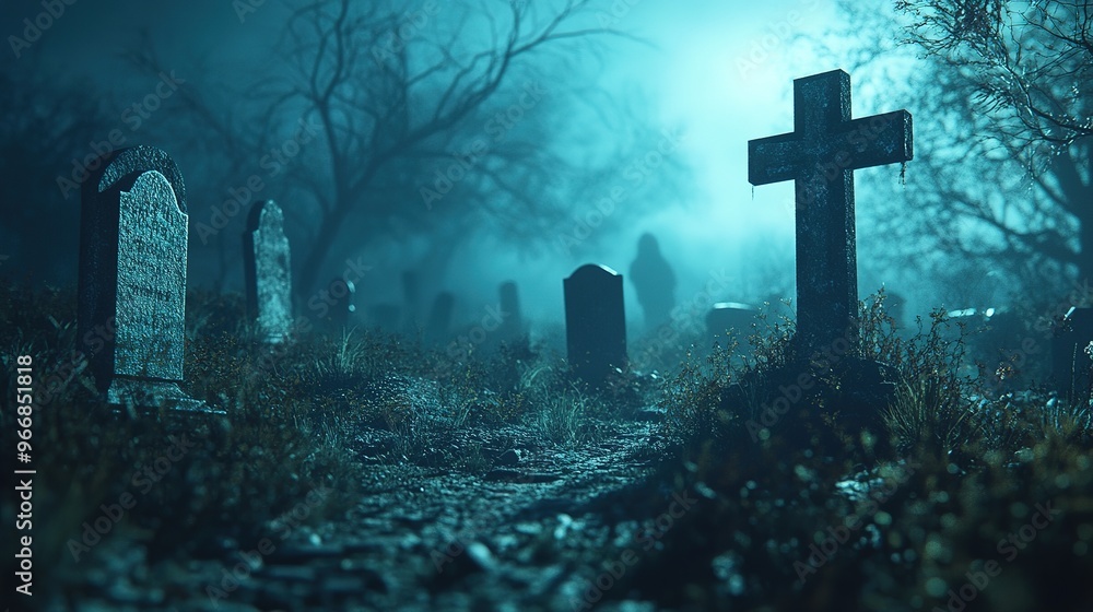 A Halloween night cemetery, with tombstones, fog, and a mysterious figure in the distance A Halloween night cemetery, with tombstones, fog, and a mysterious figure in the distance